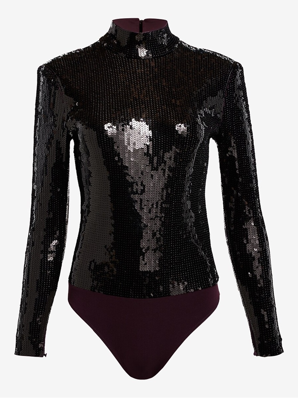 Express Chic Sequin Mock Neck Long Sleeve Thong Bodysuit Plum Wine Size XL NWT